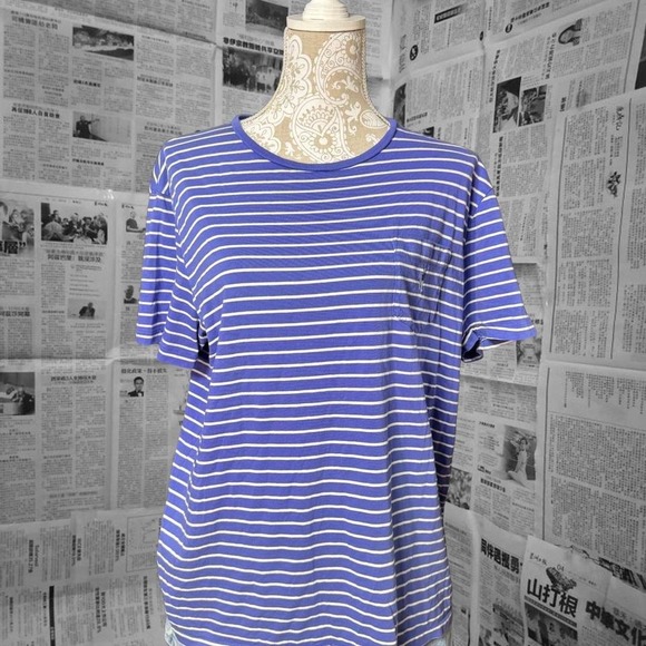 Polo Ralph Lauren Cobalt Blue White Striped Tee Pocket Logo Preppy Casual L - Picture 1 of 6